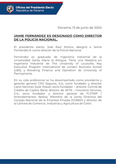Jaime Fernández es designado como director de la Policía Nacional por Mulino