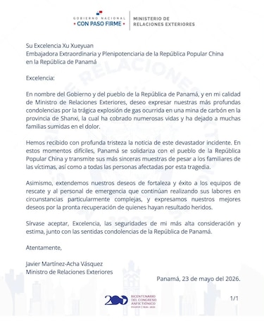 Panamá se solidariza con China por explosión en una mina que deja ya 90 muertos