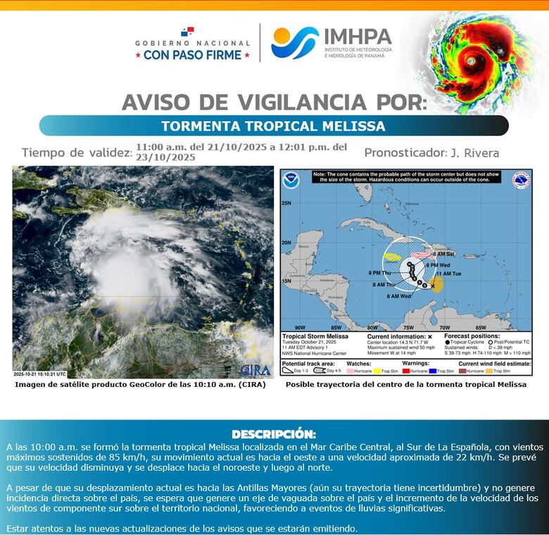 Emiten aviso de vigilancia en Panamá: se forma la tormenta Melissa en el Caribe