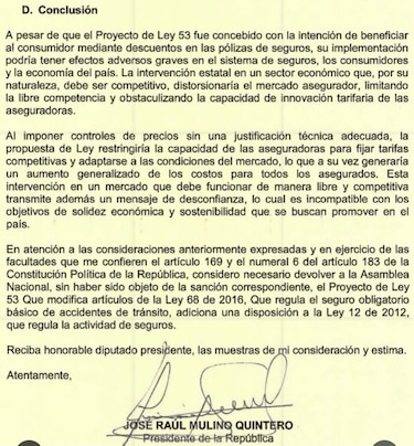 Mulino veta el proyecto de ley 53 que proponía un descuento del 25% en seguros de autos