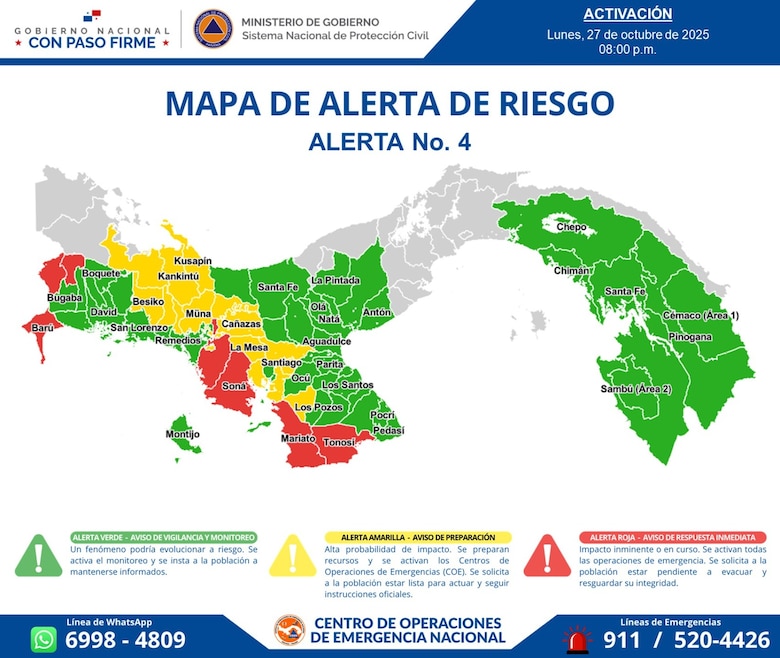 Huracán Melissa: declaran alerta roja por lluvias en Chiriquí, Veraguas y Los Santos