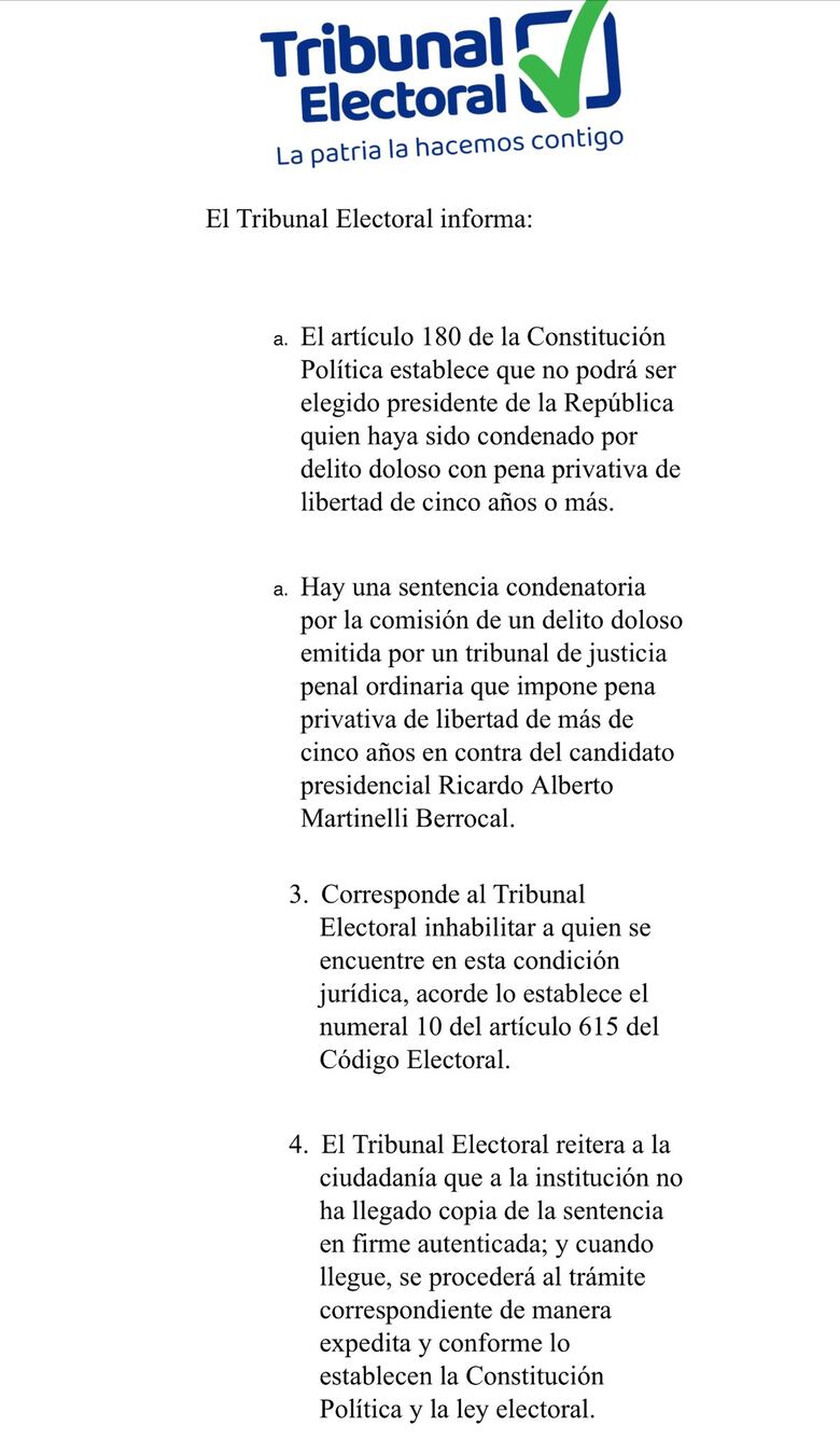 Tribunal Electoral, a la espera de sentencia en firme de Martinelli para realizar trámite expedito 