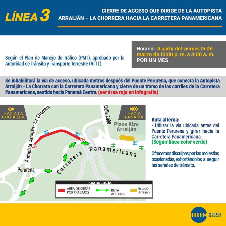 Cierre nocturno en la autopista Arraiján-La Chorrera por obras de la Línea 3