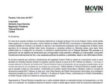 Movin pide al Tribunal Electoral publicar las donaciones de Odebrecht a las campañas políticas