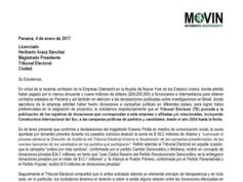 Movin pide al Tribunal Electoral publicar las donaciones de Odebrecht a las campañas políticas