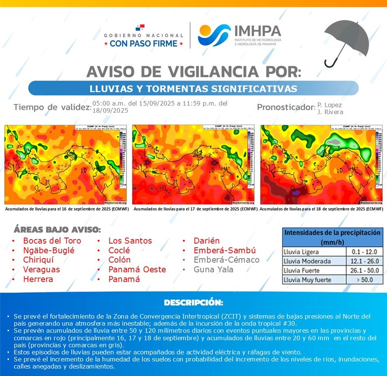 Extienden aviso de vigilancia en el país por lluvias hasta el jueves
