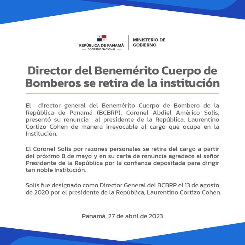 Abdiel Solís renuncia a la dirección del Cuerpo de Bomberos de Panamá