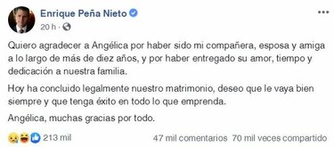 Enrique Peña Nieto agradece a Angélica Rivera tras concluir divorcio