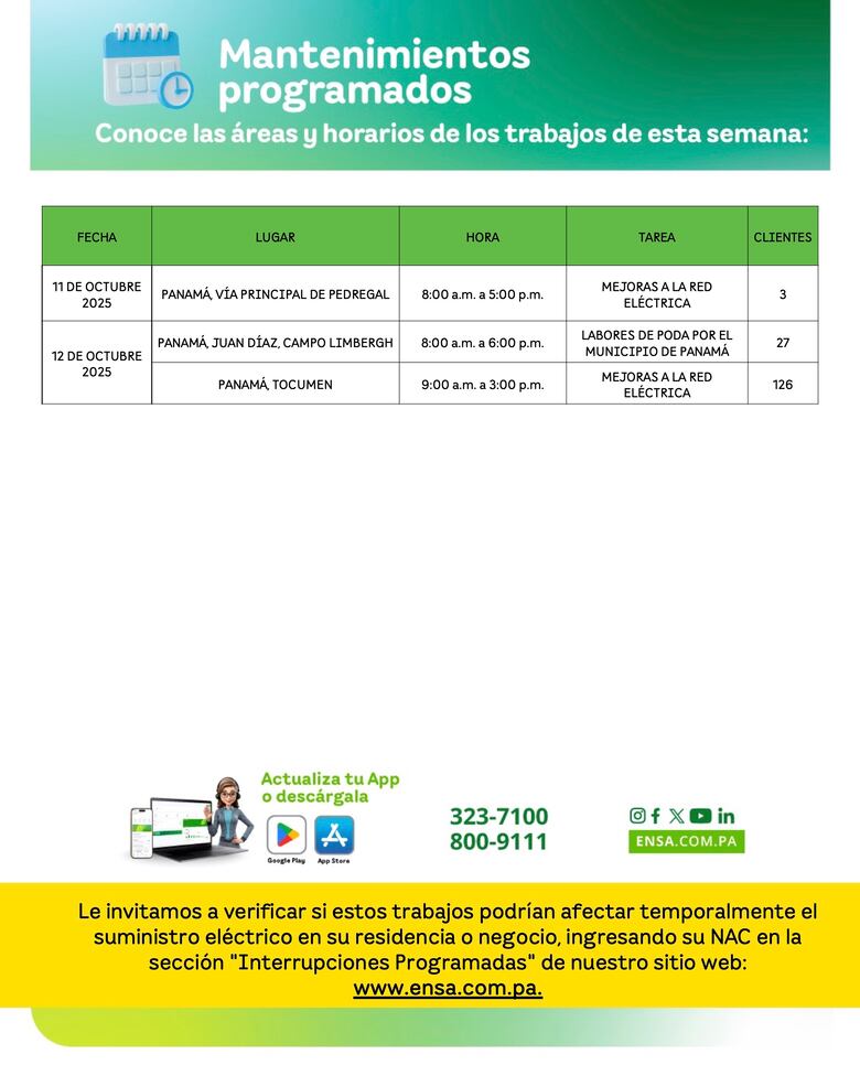 ENSA informa los mantenimientos programados del 6 de octubre al 12 de octubre de 2025