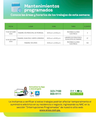 ENSA informa los mantenimientos programados del 6 de octubre al 12 de octubre de 2025