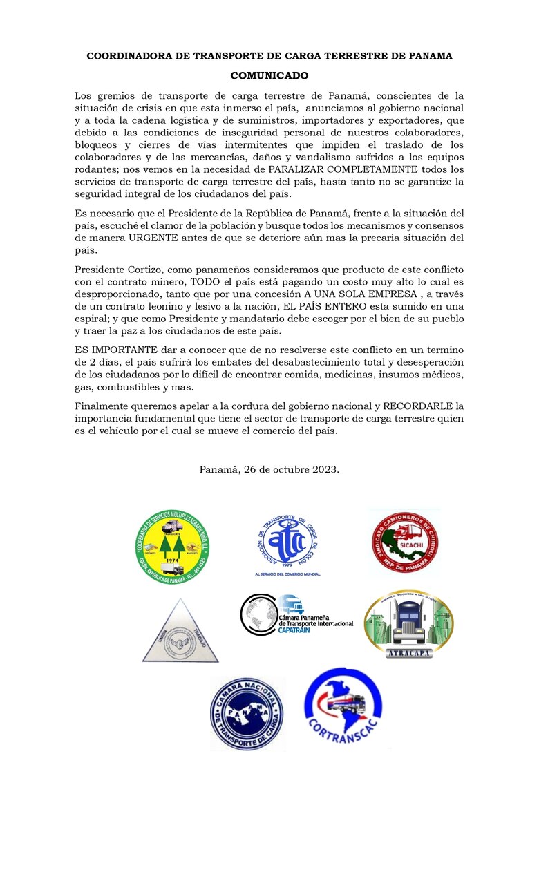 Gremios anuncian paralización de los servicios de transporte de carga terrestre