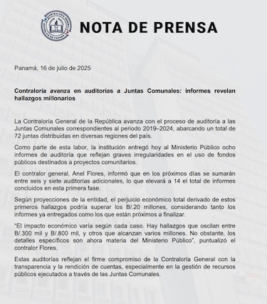 Auditorías de la Contraloría revelan desvío de fondos en juntas comunales por más de $20 millones