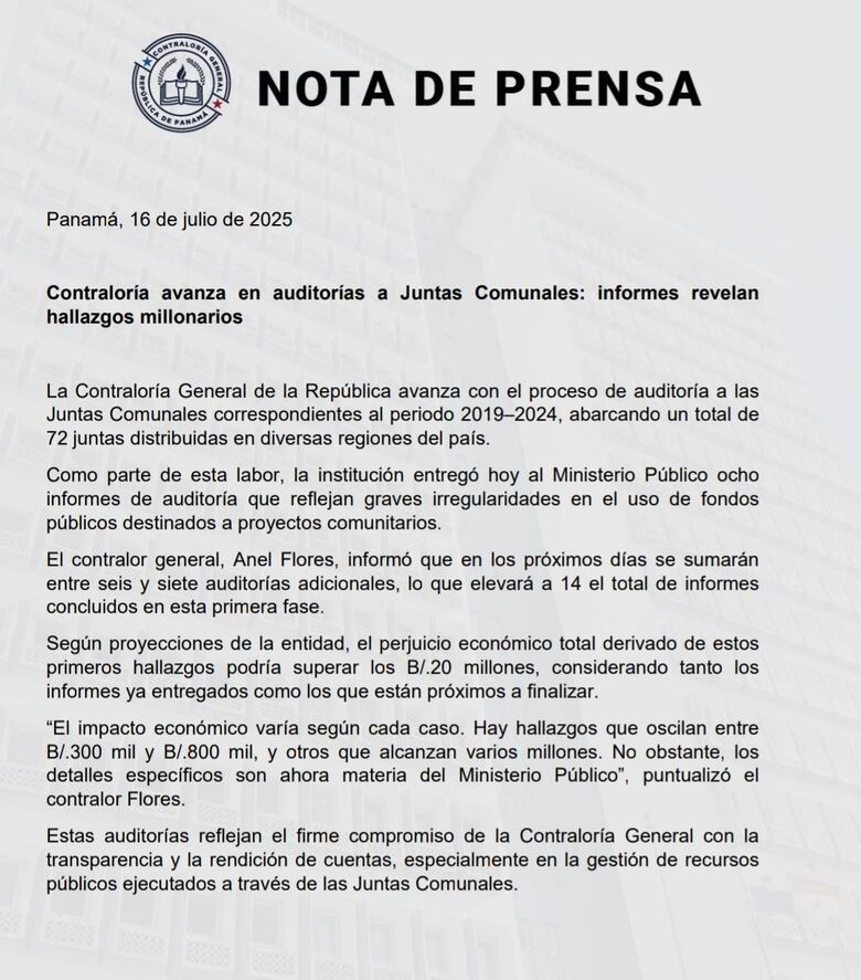 Auditorías de la Contraloría revelan desvío de fondos en juntas comunales por más de $20 millones