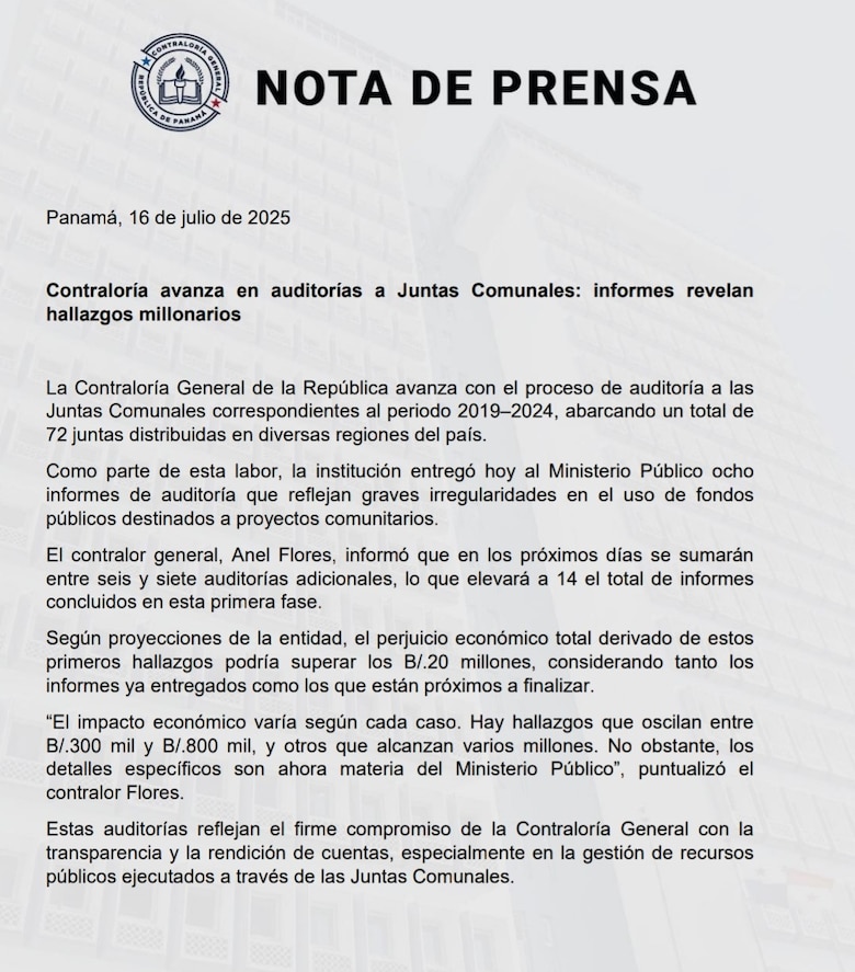 Auditorías de la Contraloría revelan desvío de fondos en juntas comunales por más de $20 millones
