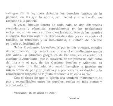 Lea la carta que el papa Francisco le mandó a Juan Carlos Varela y a los presidentes asistentes a la cumbre