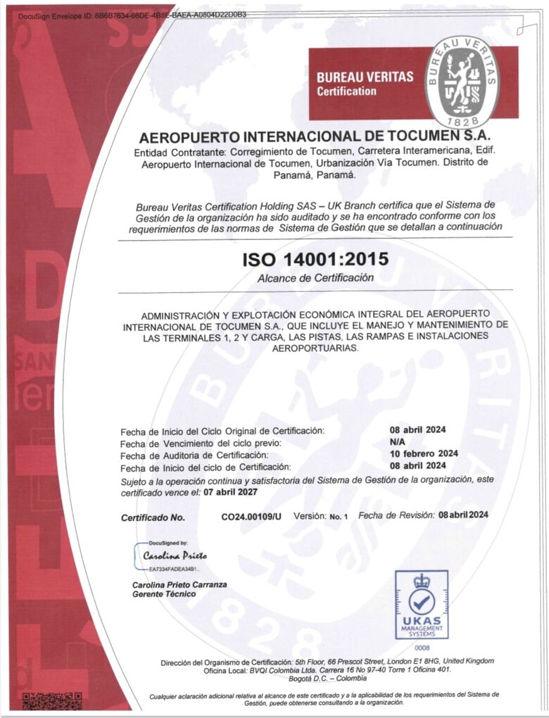 Certifican al Aeropuerto Internacional de Tocumen con normas de gestión sostenible