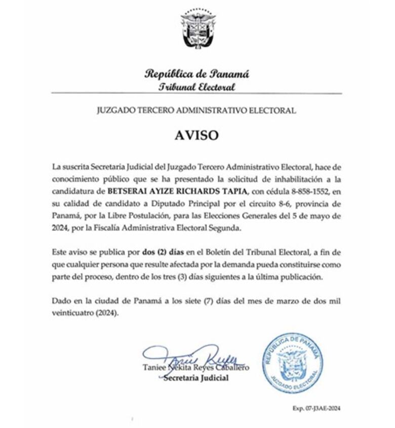 Betserai Richards irá a audiencia este 22 de marzo ante un juzgado electoral 