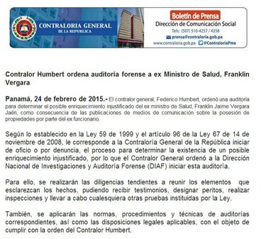 Contraloría ordena auditoría forense al exministro de Salud Franklin Vergara