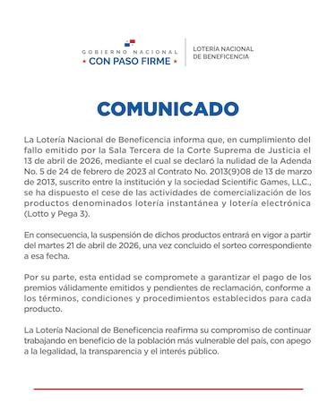 Lotería Nacional confirma el fin de la Lotto y el Pega 3