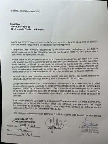 Judy Meana renuncia como vicealcaldesa de Panamá y califica a Fábrega de arbitrario