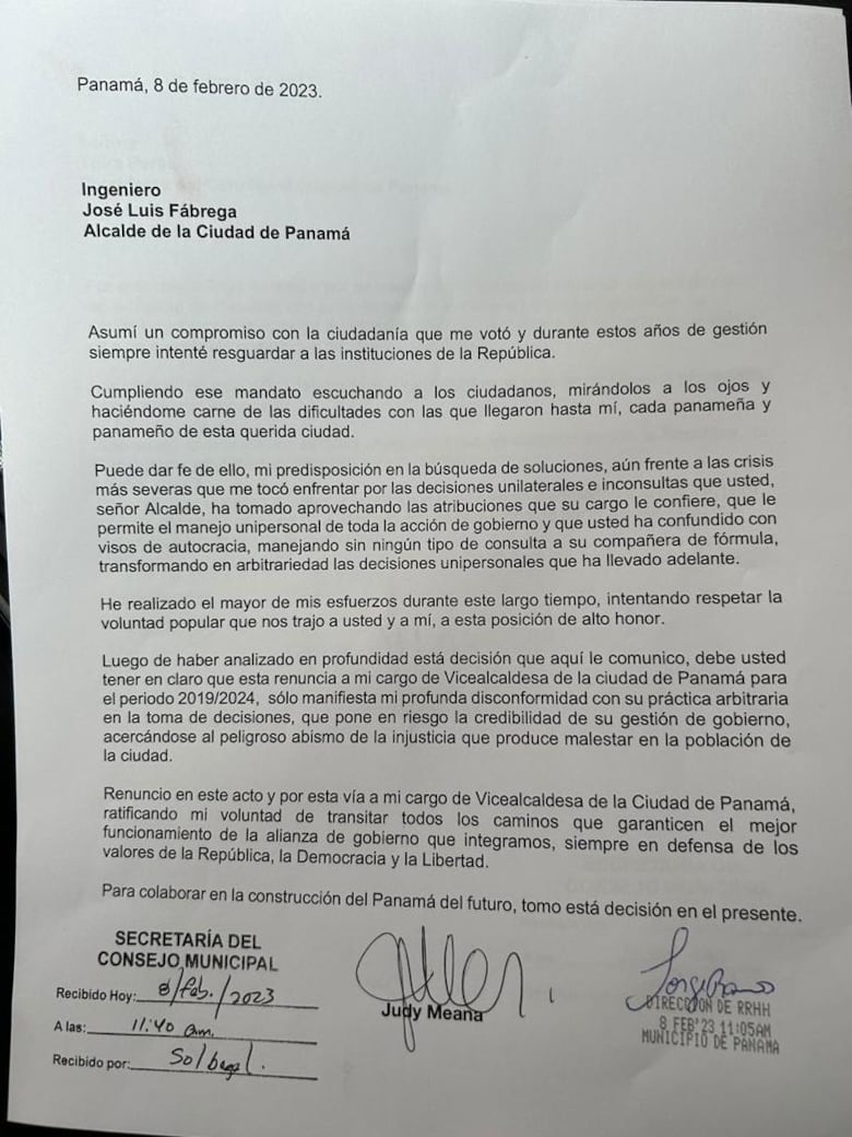 Judy Meana renuncia como vicealcaldesa de Panamá y califica a Fábrega de arbitrario