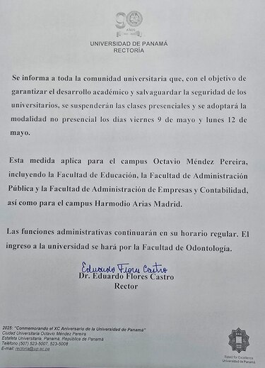 Universidad de Panamá suspende clases presenciales por seguridad: 9 y 12 de mayo