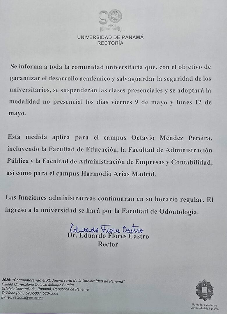 Universidad de Panamá suspende clases presenciales por seguridad: 9 y 12 de mayo