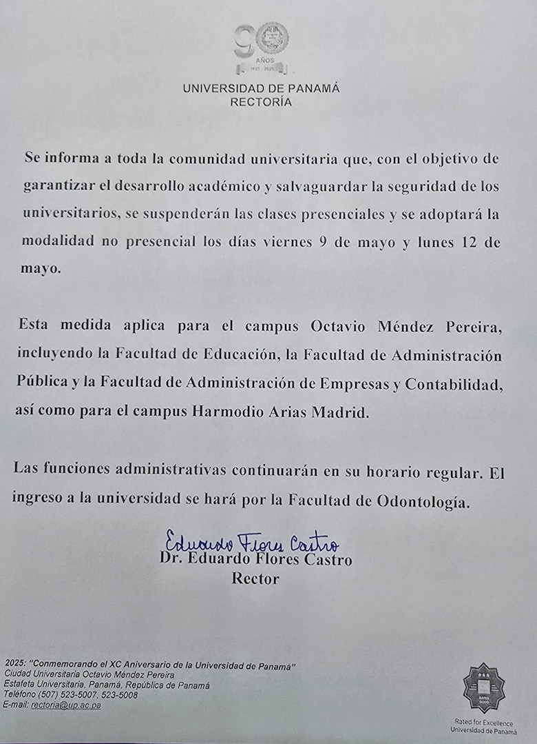 Universidad de Panamá suspende clases presenciales por seguridad: 9 y 12 de mayo