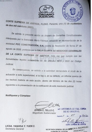 La Corte admite amparo de FCC contra una decisión de la Sala IV; la abogada es hermana del magistrado Fábrega
