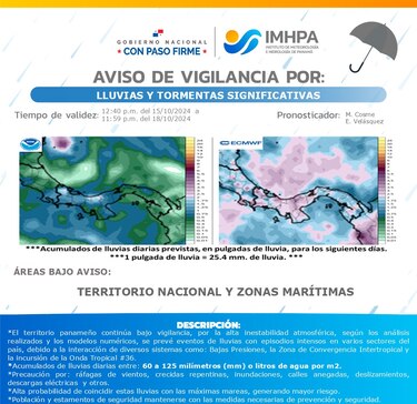 Se extiende la vigilancia por lluvias intensas en Panamá: Alertas Amarilla y Verde siguen activas