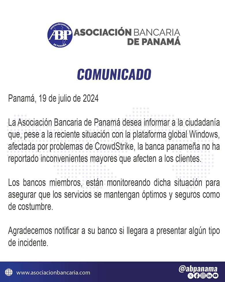Bancos en Panamá reportaron inconvenientes menores por fallo global