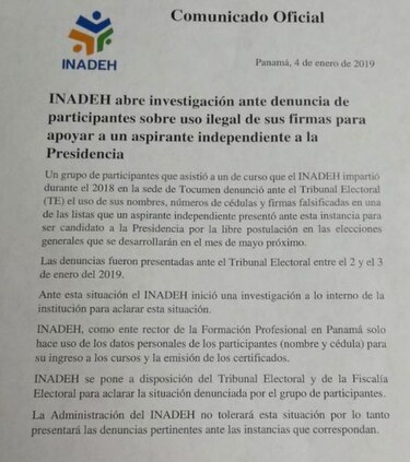 Investigan denuncia de asistentes a un curso del Inadeh sobre uso ilegal de sus firmas
