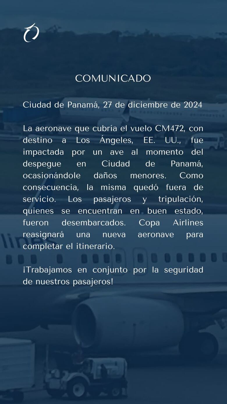 Se registra incidente por impacto de un ave en avión de Copa Airlines en Tocumen