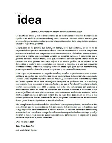 Ex jefes de Estado y de Gobierno expresan su preocupación por los presos políticos