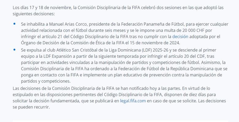 Manuel Arias, de la Federación Panameña de Fútbol, recibe nueva  inhabilitación de seis meses de la FIFA