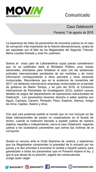 Movin: 'La esperanza de encontrar justicia' en caso Odebrecht 'acaba de ser sepultada'