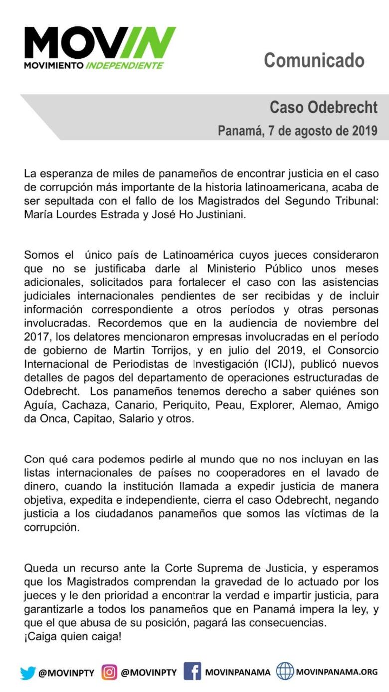 Movin: 'La esperanza de encontrar justicia' en caso Odebrecht 'acaba de ser sepultada'