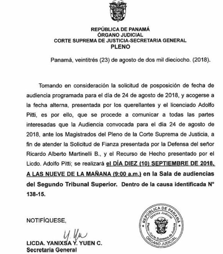 La Corte atenderá en septiembre el pedido de fianza a favor de Ricardo Martinelli