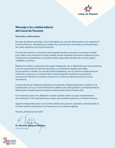 El Canal de Panamá ‘es una institución 100 % panameña’, reafirma el administrador de la vía, Ricaurte Vásquez