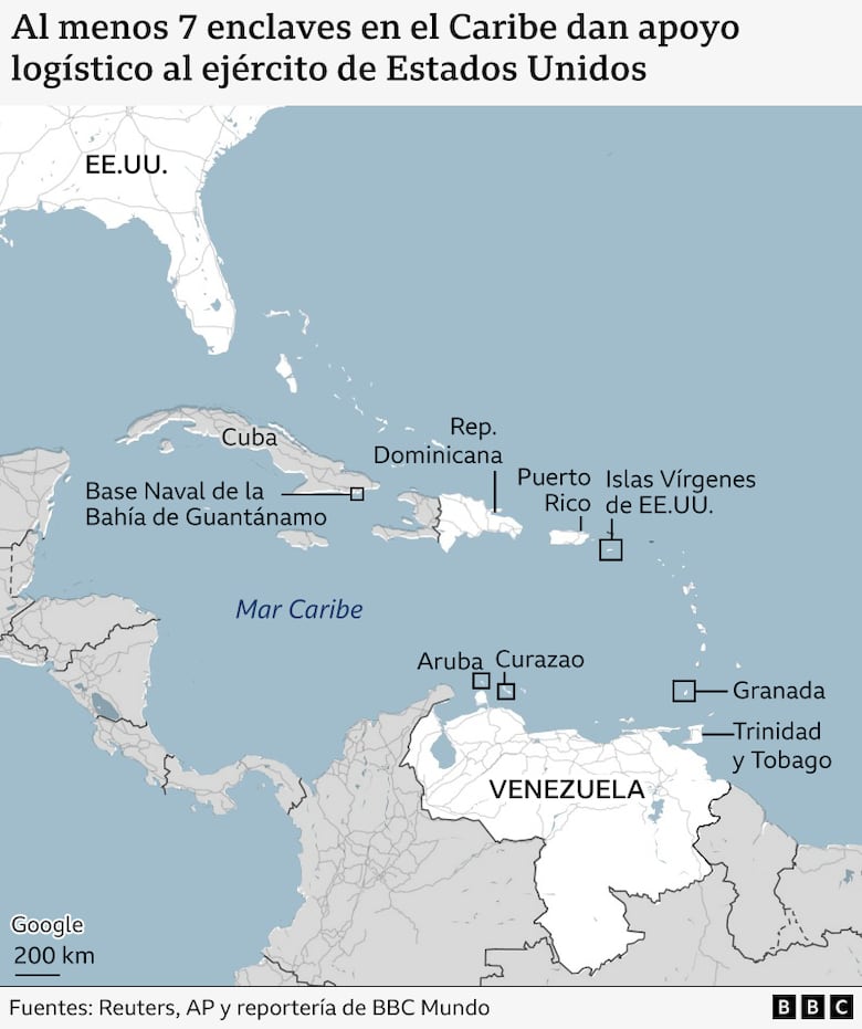 Los mapas que muestran las islas caribeñas que están ayudando a Estados Unidos en sus operaciones militares contra lanchas de Venezuela