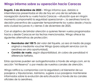 Wingo también cancela los vuelos a Venezuela