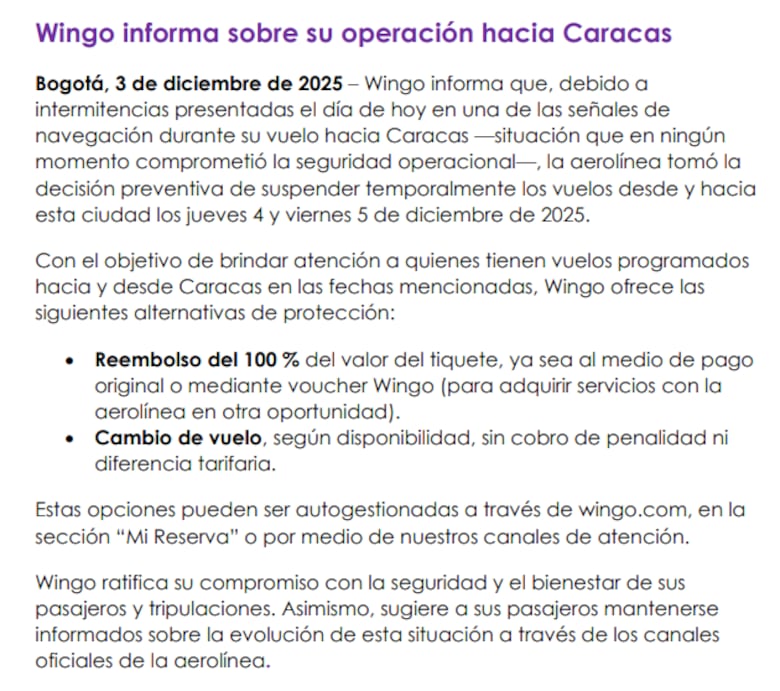 Wingo también cancela los vuelos a Venezuela