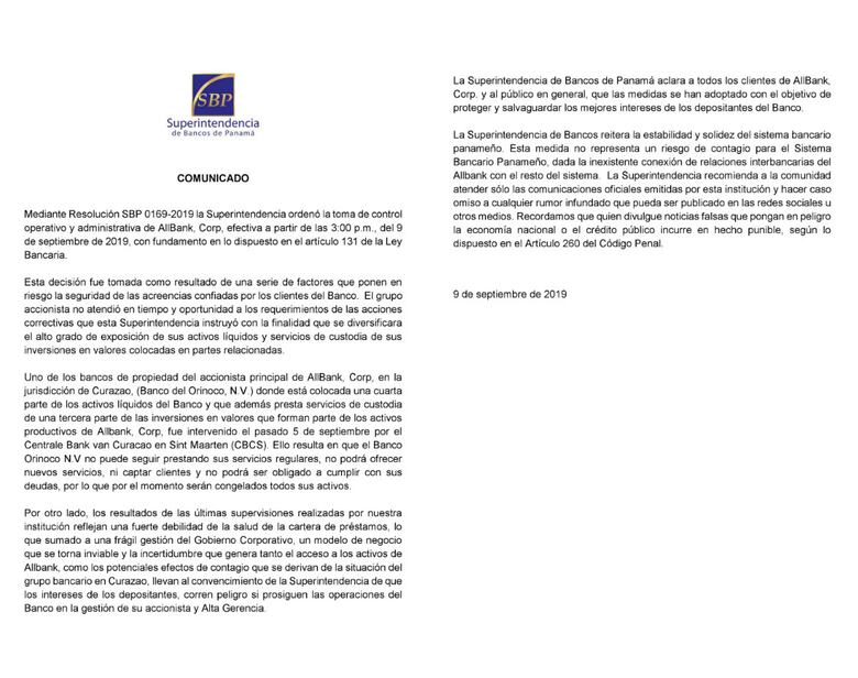 Superintendencia de Bancos ordena control sobre AllBank