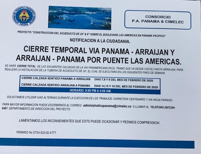 Anuncian cierres parciales en vía que conecta a Panamá con Arraiján