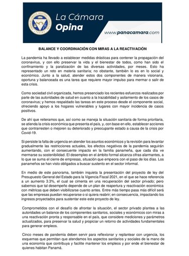 Cámara de Comercio pide que también se le dé prioridad a la economía