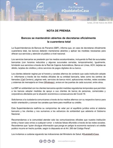 Bancos deberán permanecer abiertos de decretarse la cuarentena total, dice la SBP