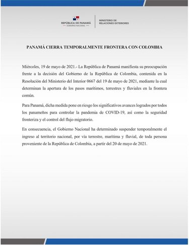 Panamá cierra de manera temporal la frontera con Colombia