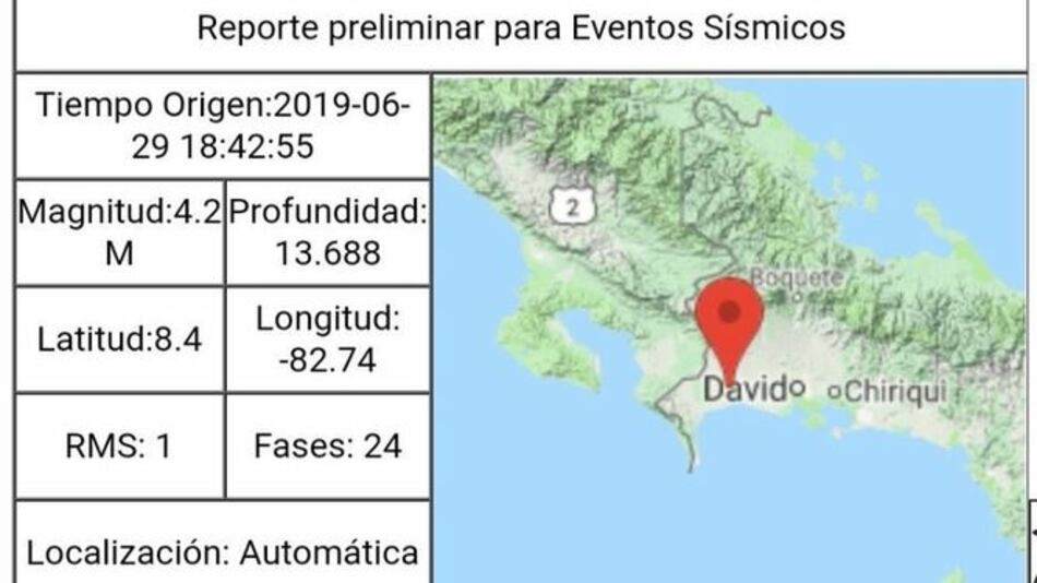 Sismo de 4.2 grados en Puerto Armuelles; alerta verde está vigente hasta el lunes