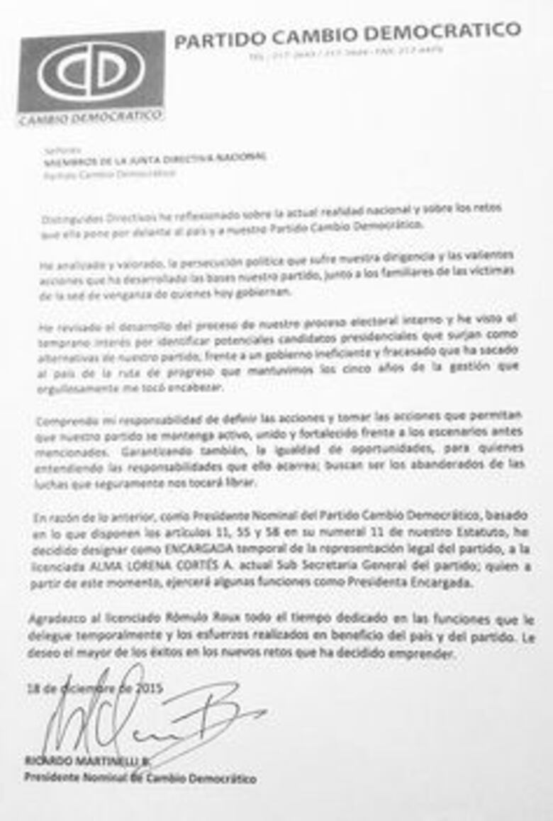 Expresidente Ricardo Martinelli emplaza a bancada de CD