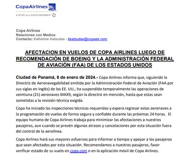 Copa Airlines suspende temporalmente 21 aviones Boeing 737 MAX 9